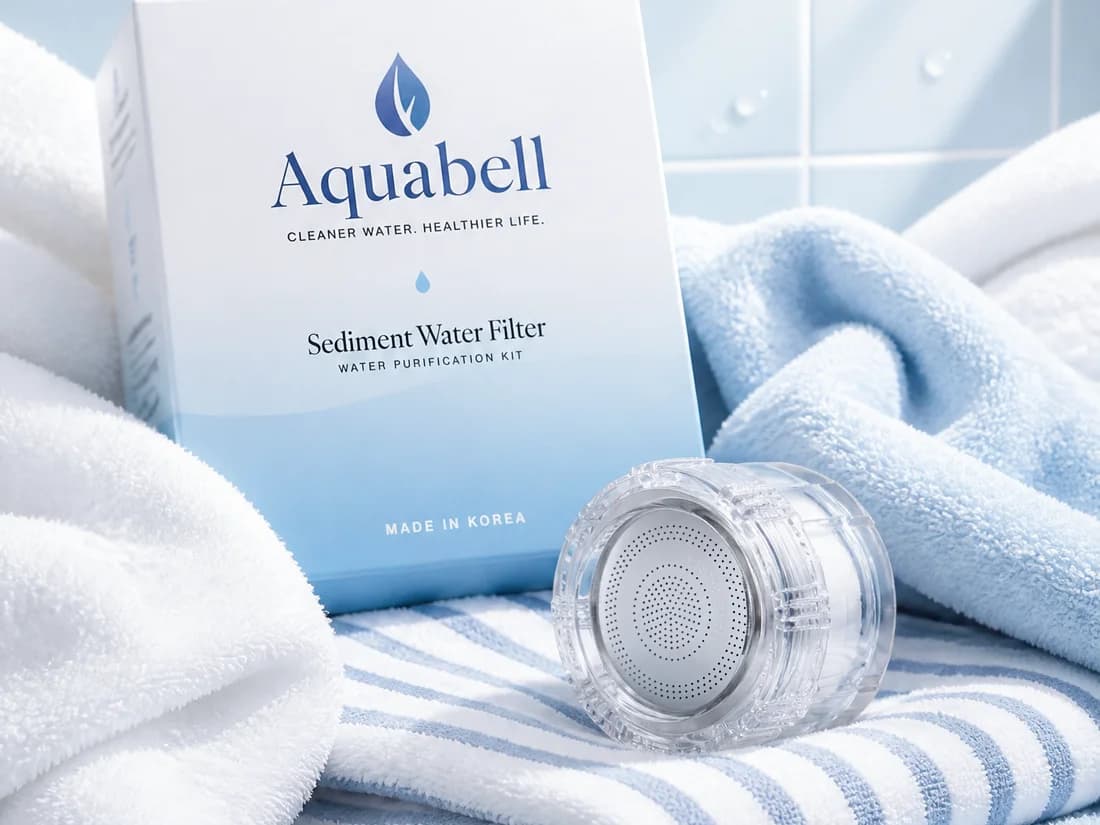 The AQUABELL box and clear filter body resting on soft towels