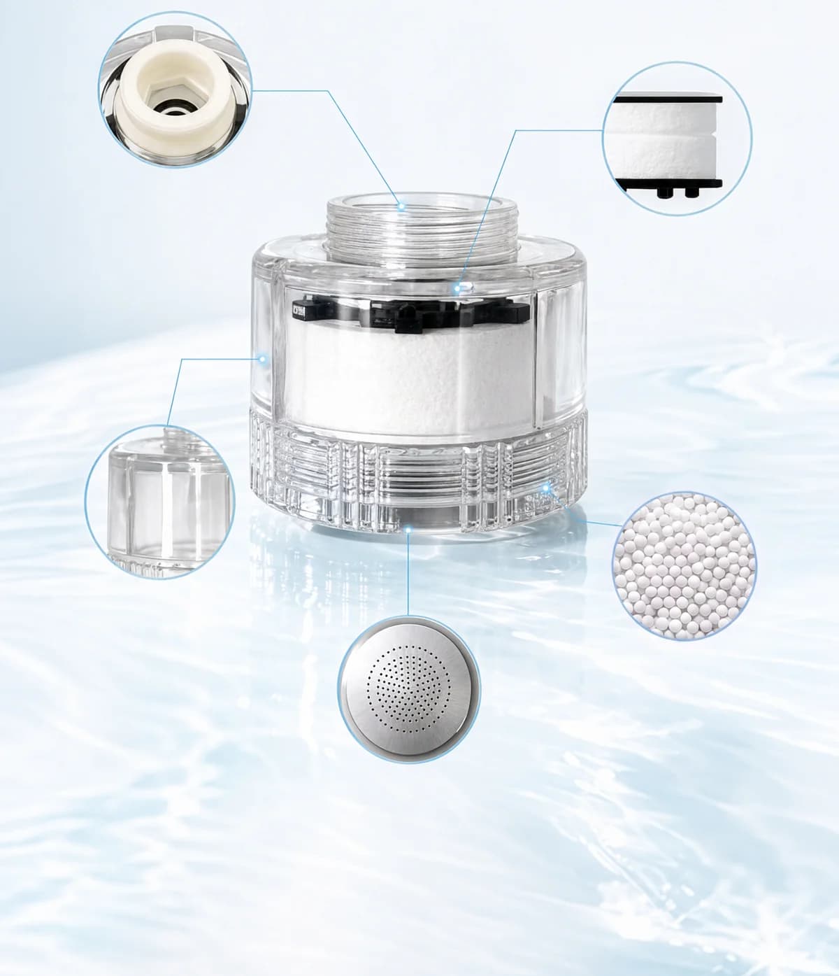 AQUABELL exploded view with magnified callouts of each part