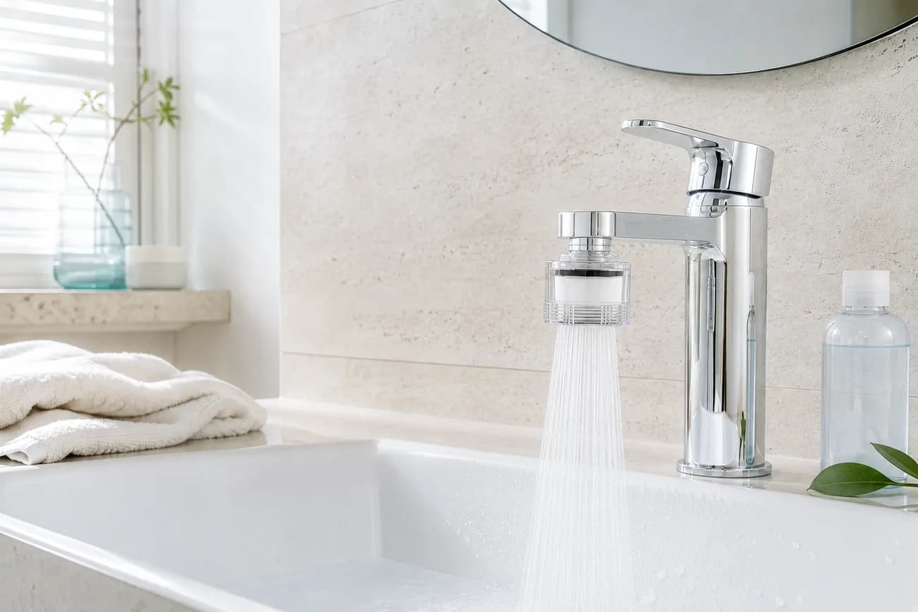 AQUABELL fitted on a bathroom basin faucet with a removable tip