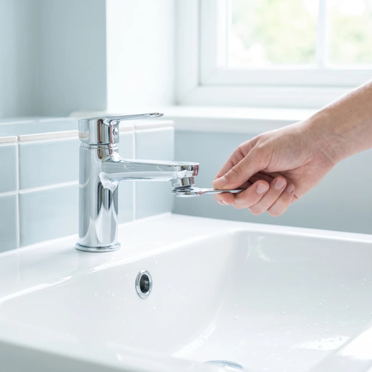 Unscrewing the removable tip from a faucet with the enclosed spanner