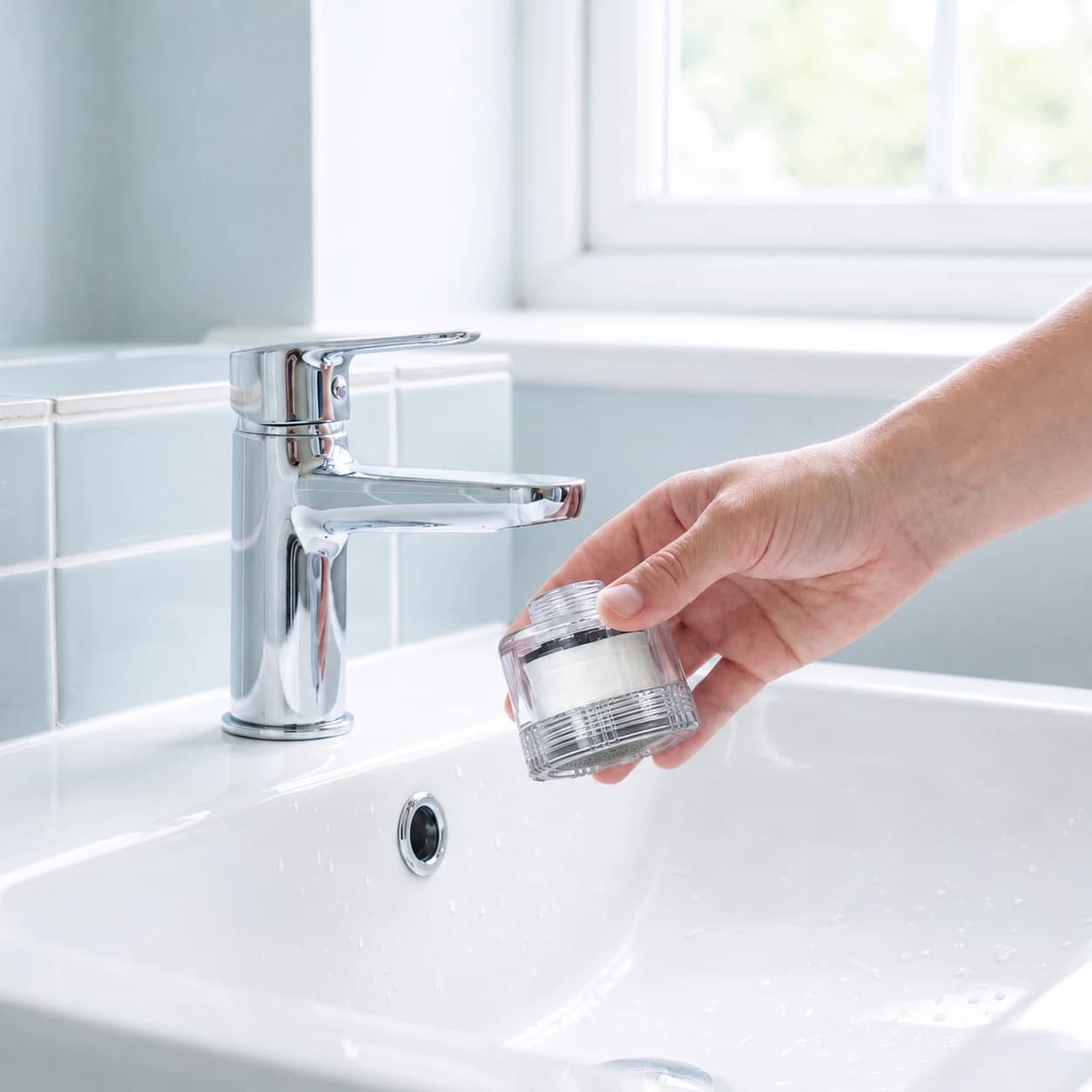 Screwing the matching adapter onto the exposed faucet thread